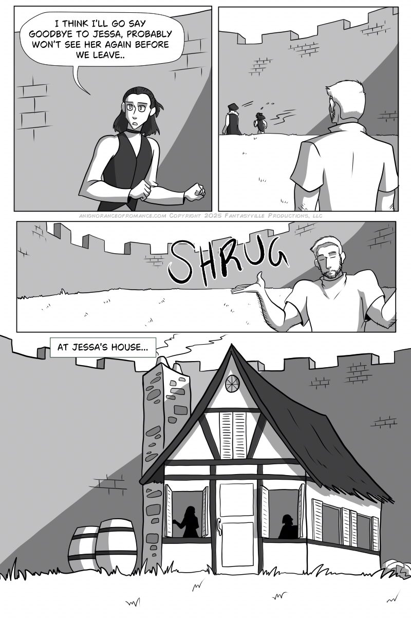 In this comic page of An Ignorance of Romance, Lian goes off to say goodbye to his friend Jessa, leaving Stewart to just shrug and move on.